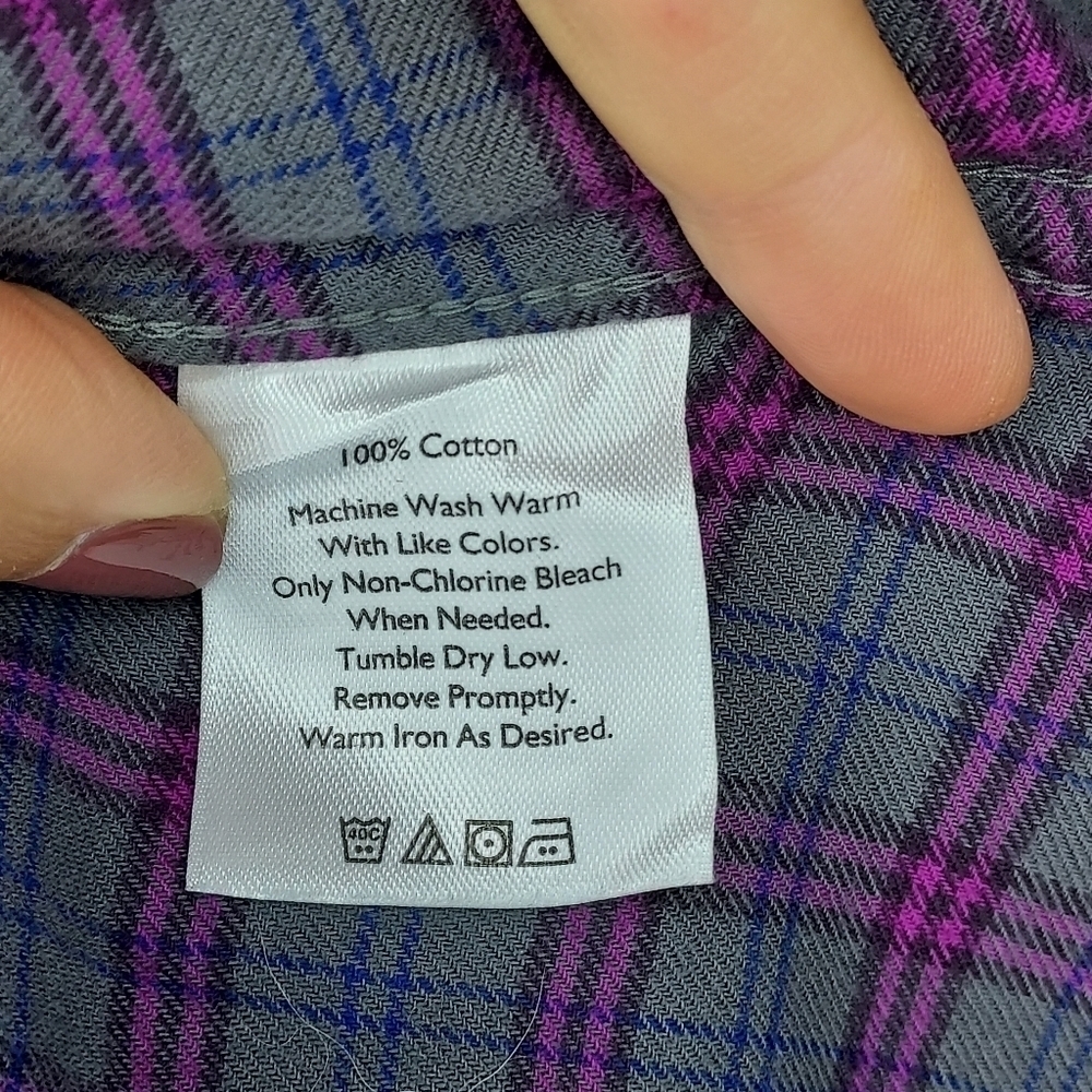Eddie Bauer flannel shirt button up long sleeve plaid gray purple magenta pink M - Picture 6 of 8